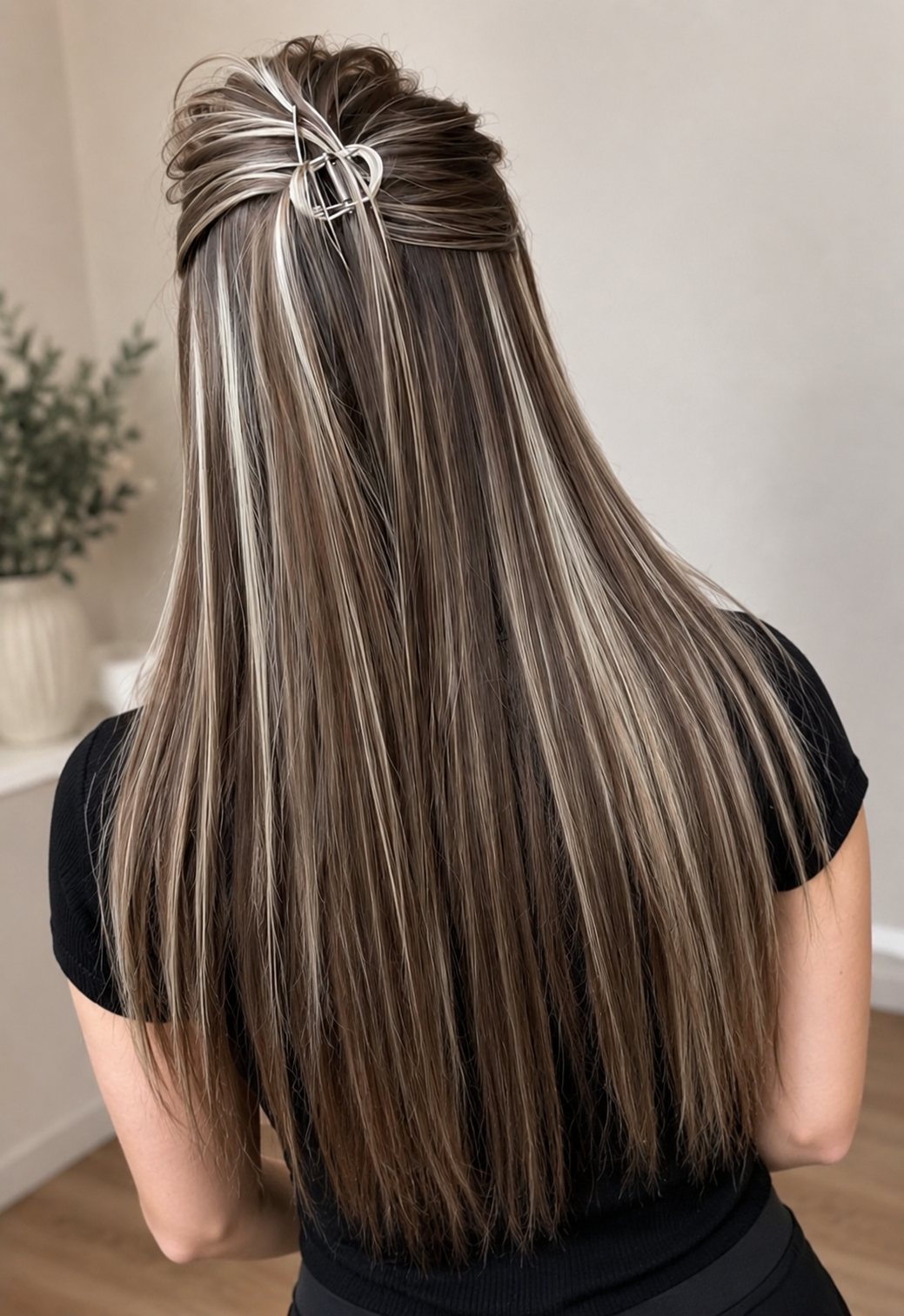Half-up hairstyle with silver clip and bold ribbon highlights, Surrey BC