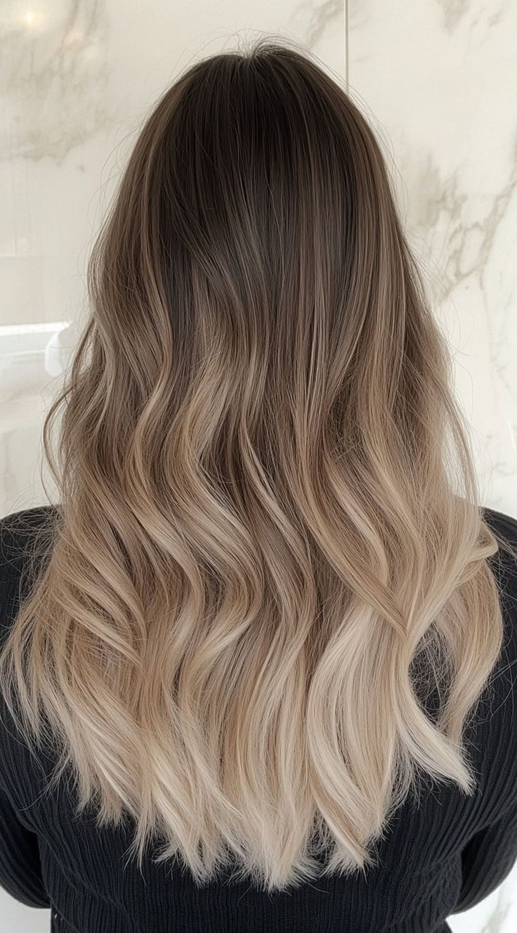 Dark roots melting to cream blonde, soft waves