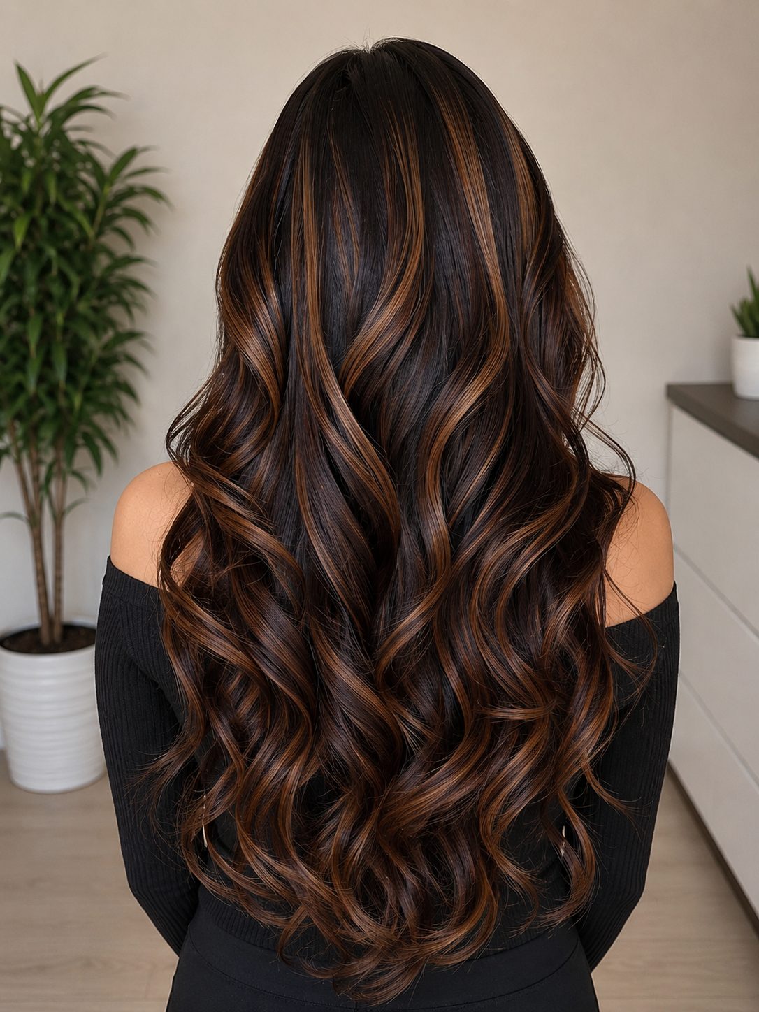 Cinnamon ribbons through black silk waves