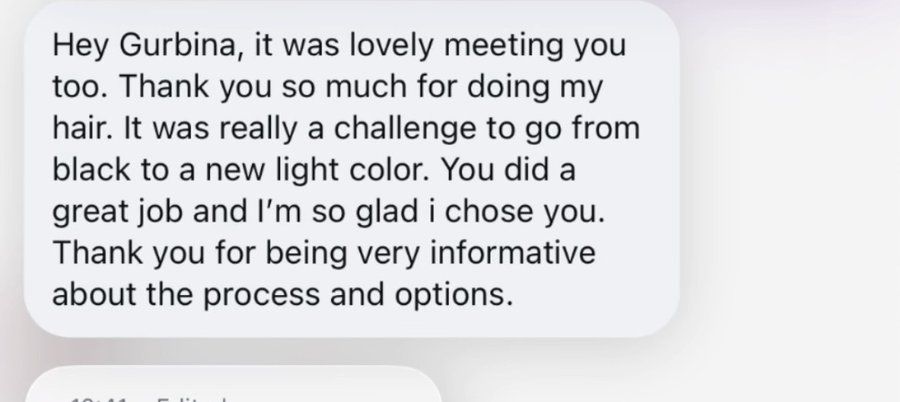 Message thanking Gurbina for a black-to-light colour transformation