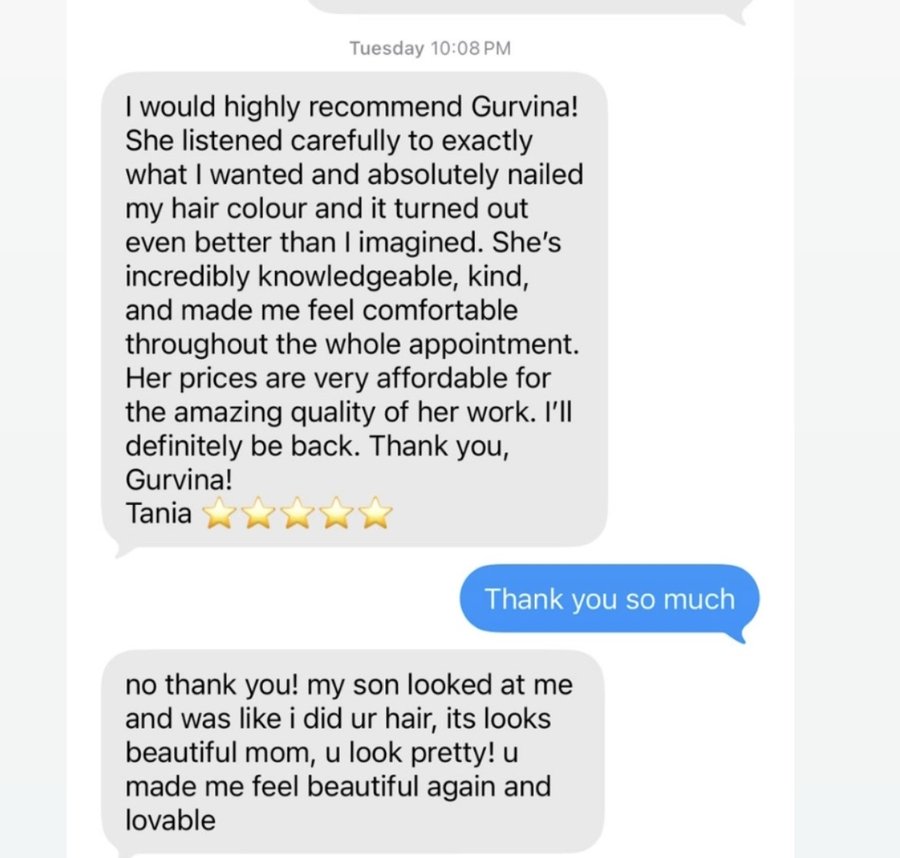 Text message review from Tania praising her hair colour